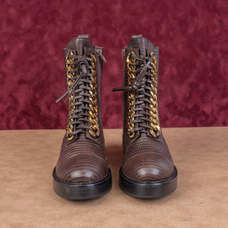 Jeffrey Campbell Wmn Damon Croc Print Brown Leather Lace Up Ankle Combat Boots 7