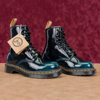 Dr Martens Women Gloss Black Green Vegan Leather Lace-up Combat Boots M5 W6