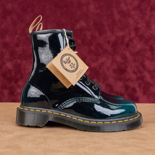 Dr Martens Women Gloss Black Green Vegan Leather Lace-up Combat Boots M5 W6