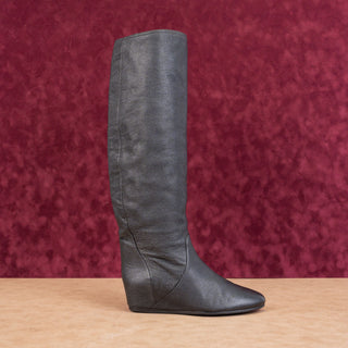 Lanvin Paris Women Black Suede Wedge Slip-on Tall Knee Boots sz 7US EUR 37.5