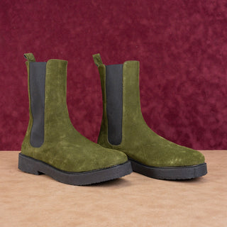 Staud Women Palomino Green Suede Narrow Fit Fabric Chelsea Boots 11US EUR42