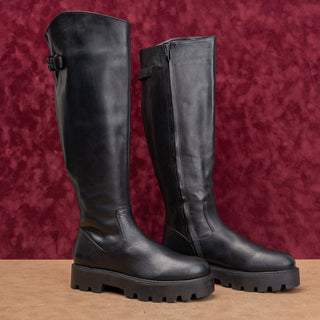 Franco Sarto Women Moto Black Leather Lug Riding Buckle Tall Knee Boots sz 7