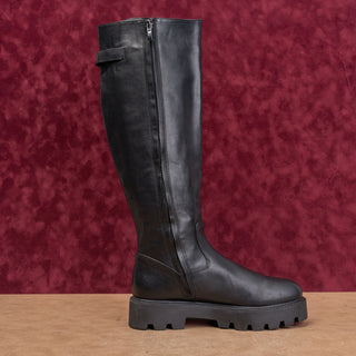 Franco Sarto Women Moto Black Leather Lug Riding Buckle Tall Knee Boots sz 7