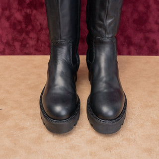 Franco Sarto Women Moto Black Leather Lug Riding Buckle Tall Knee Boots sz 7