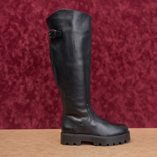 Franco Sarto Women Moto Black Leather Lug Riding Buckle Tall Knee Boots sz 7