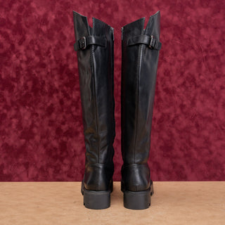 Franco Sarto Women Moto Black Leather Lug Riding Buckle Tall Knee Boots sz 7