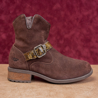 UGG Women Milnor Brown Suede Buckle Zip Ankle Modern Western Heel Boots sz 7