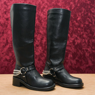 Azalea Wang Gardner Black Vegan Leather Chain Moto Biker Harness Boots sz 7