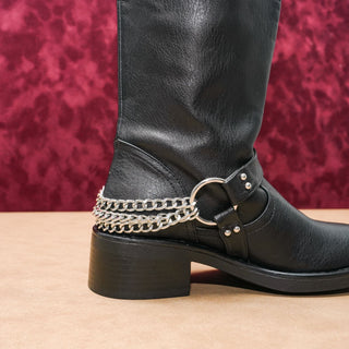 Azalea Wang Gardner Black Vegan Leather Chain Moto Biker Harness Boots sz 7