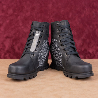 Sorel Women Joan Artic II Lexie Black Leather Lace-up Wedge Boots size 7.5