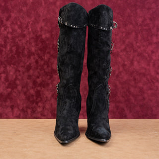 Newport News Women Vintage Retro 90s Black Suede Rings Heel Pointy Toe Boots 9.5