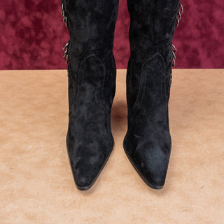 Newport News Women Vintage Retro 90s Black Suede Rings Heel Pointy Toe Boots 9.5