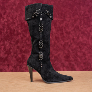 Newport News Women Vintage Retro 90s Black Suede Rings Heel Pointy Toe Boots 9.5