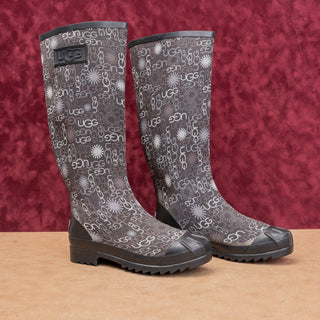 UGG Women Multi Logo Black Wellies Rain Rubber Festival Knee Boots sz 8