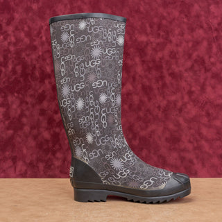 UGG Women Multi Logo Black Wellies Rain Rubber Festival Knee Boots sz 8