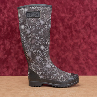 UGG Women Multi Logo Black Wellies Rain Rubber Festival Knee Boots sz 8