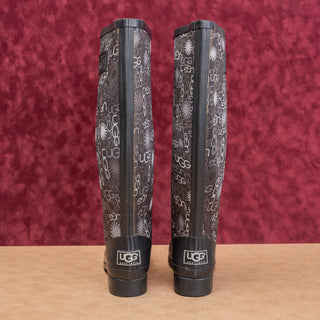 UGG Women Multi Logo Black Wellies Rain Rubber Festival Knee Boots sz 8