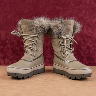 Sorel Wmn Joan Artic Next Light Faux Fur Leather Light Green Winter Boots sz 7.5