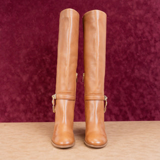 Michael Kors Women Hamilton MK Logo Brown Leather Dress Heel Knee Boots sz 7