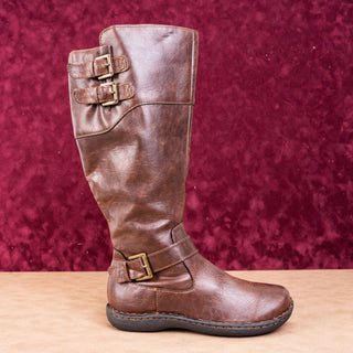BOC Women Brown Faux Leather Wide Calf Strappy Comfortable Flat Tall Boots 7.5