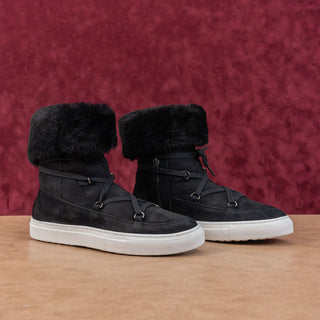 Aquatalia Women Valarie Black Suede Shearling Folded Mid Calf Boots sz 8