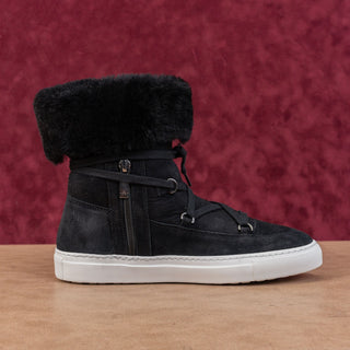 Aquatalia Women Valarie Black Suede Shearling Folded Mid Calf Boots sz 8