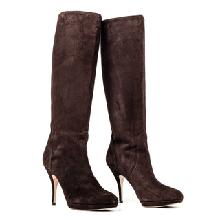 Salvatore Ferragamo Women Brown Suede Dress Office Heel Round Knee Boots sz 10