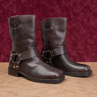 Tory Burch Women Double T Moto Fashion Dark Brown Leather Harness Boots sz 6