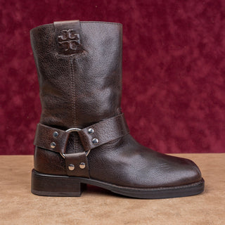Tory Burch Women Double T Moto Fashion Dark Brown Leather Harness Boots sz 6