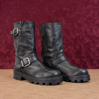 Steve Madden Women Glee Black Leather Moto Biker Strap Ankle Boots sz 7.5