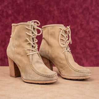 Frye Women Vintage Y2K Beige Suede Granny Lace-up All Leather Boots sz 8.5