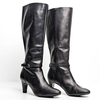 Ralph Lauren Women Sandie Black Leather Strap Dress Office Tall Boots sz 9