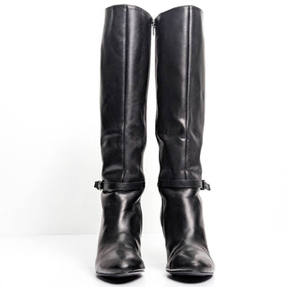 Ralph Lauren Women Sandie Black Leather Strap Dress Office Tall Boots sz 9