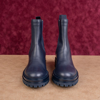 Gianvito Rossi Women Chester Navy Blue Leather Fashion Chelsea Boots 7US EUR37.5