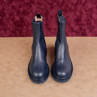 Gianvito Rossi Women Chester Navy Blue Leather Fashion Chelsea Boots 7US EUR37.5
