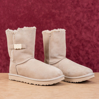 UGG Women Bailey Logo Strap Taupe Suede Warm Fabric Snow Slip Boots sz 11