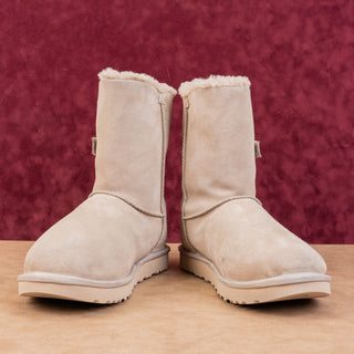 UGG Women Bailey Logo Strap Taupe Suede Warm Fabric Snow Slip Boots sz 11