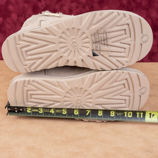 UGG Women Bailey Logo Strap Taupe Suede Warm Fabric Snow Slip Boots sz 11