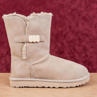UGG Women Bailey Logo Strap Taupe Suede Warm Fabric Snow Slip Boots sz 11