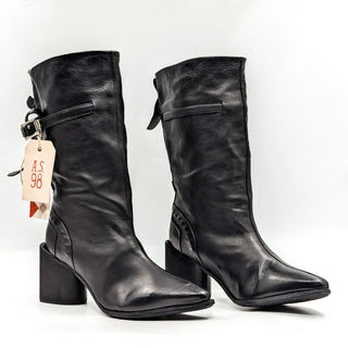 AS98 Women Ebby Black Leather Pointy toe Buckle Moto Boots size 6-6.5 US EUR37