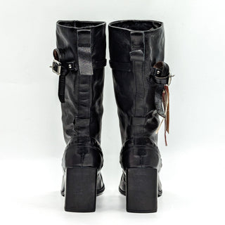 AS98 Women Ebby Black Leather Pointy toe Buckle Moto Boots size 6-6.5 US EUR37