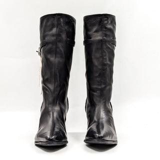 AS98 Women Ebby Black Leather Pointy toe Buckle Moto Boots size 6-6.5 US EUR37