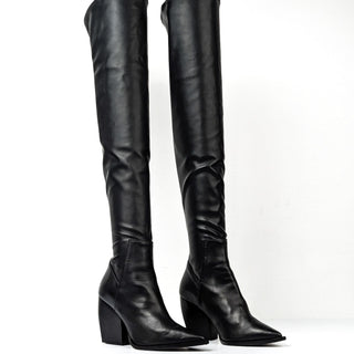 Allsaints Wmn Lara Black Leather Slip On Stack Heel Pointy Thigh Boots 9US EUR 39