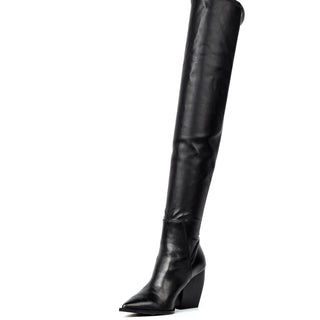 Allsaints Wmn Lara Black Leather Slip On Stack Heel Pointy Thigh Boots 9US EUR 39