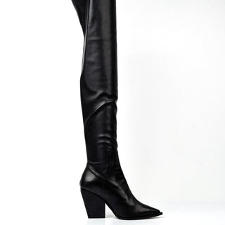 Allsaints Wmn Lara Black Leather Slip On Stack Heel Pointy Thigh Boots 9US EUR 39