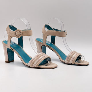 Valentina Rangoni Women Buckle Beige Suede Heel Narrow Sandals sz 8.5US EUR 38.5