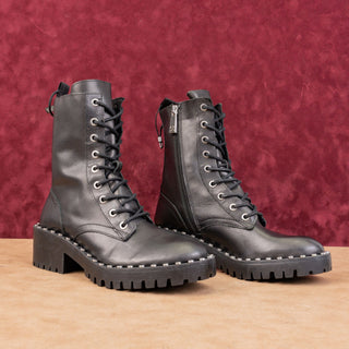 Zara Wmn Black Leather Studded Festival Party Lace-up Combat Boots 6US EUR 36