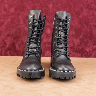 Zara Wmn Black Leather Studded Festival Party Lace-up Combat Boots 6US EUR 36
