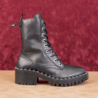 Zara Wmn Black Leather Studded Festival Party Lace-up Combat Boots 6US EUR 36