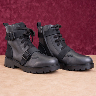 UGG Women Noe Moto Buckles Black Leather Strap Lace-up Combat Boots size 12